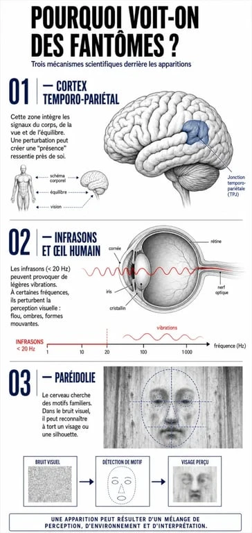 Infographie explicative sur les causes scientifiques des apparitions de fantômes et la question est ce que les fantômes existent
