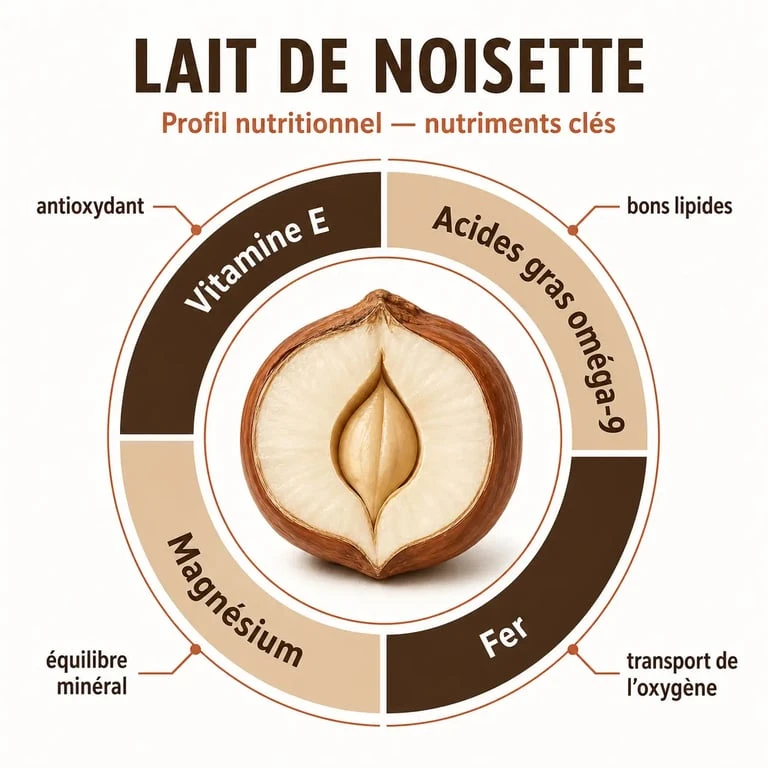 Infographie des bienfaits nutritionnels et apports du lait de noisette pour la santé