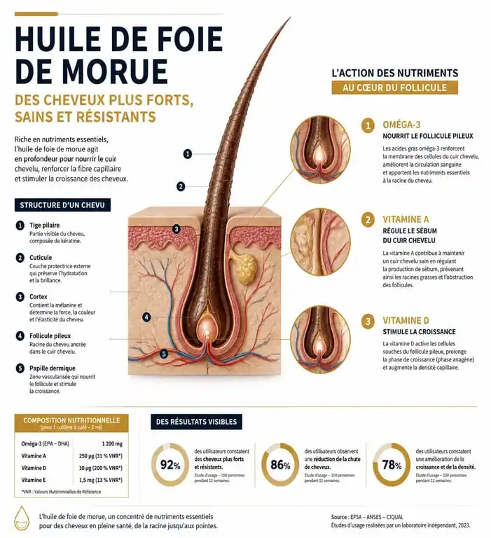 Infographie des bienfaits de l'huile de foie de morue pour la santé et la croissance des cheveux