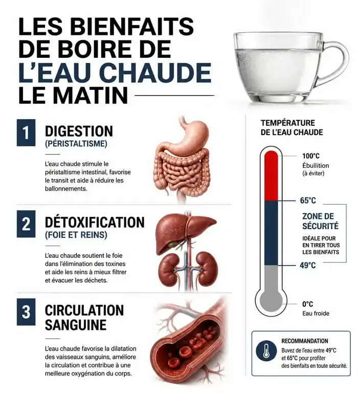 Infographie sur les bienfaits et la température idéale pour boire de l'eau chaude le matin