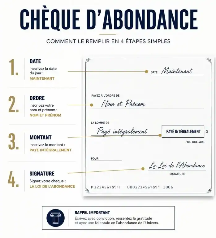 Infographie des étapes pour remplir un chèque d'abondance selon la loi de l'attraction