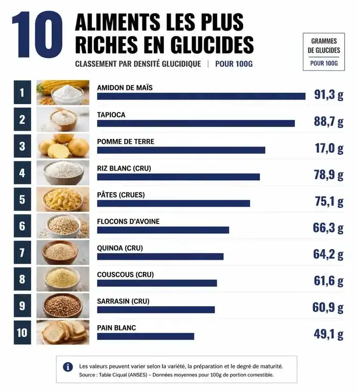 Infographie des 10 aliments les plus riches en glucides pour une alimentation équilibrée
