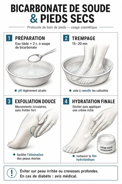 Infographie sur les bienfaits et le protocole du bain de pieds au bicarbonate pour traiter les pieds très secs.