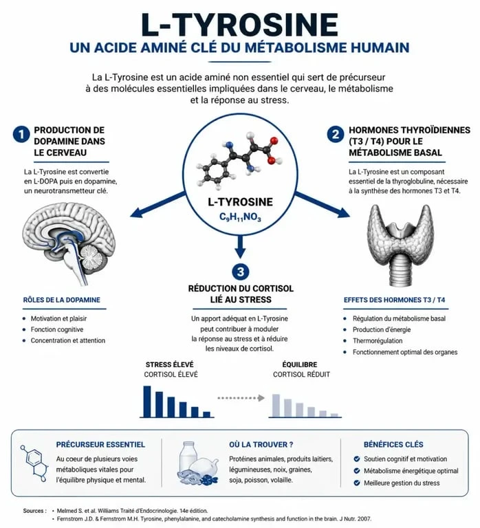 Infographie expliquant les bienfaits de la L-Tyrosine sur le métabolisme et la perte de poids