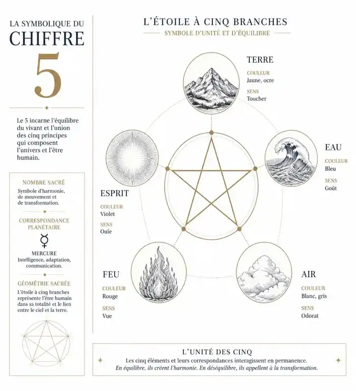 Infographie symbolique de la signification du chiffre 5 et ses correspondances