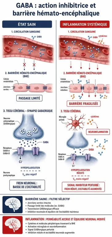Schéma explicatif de la barrière hémato-encéphalique et des risques liés au GABA