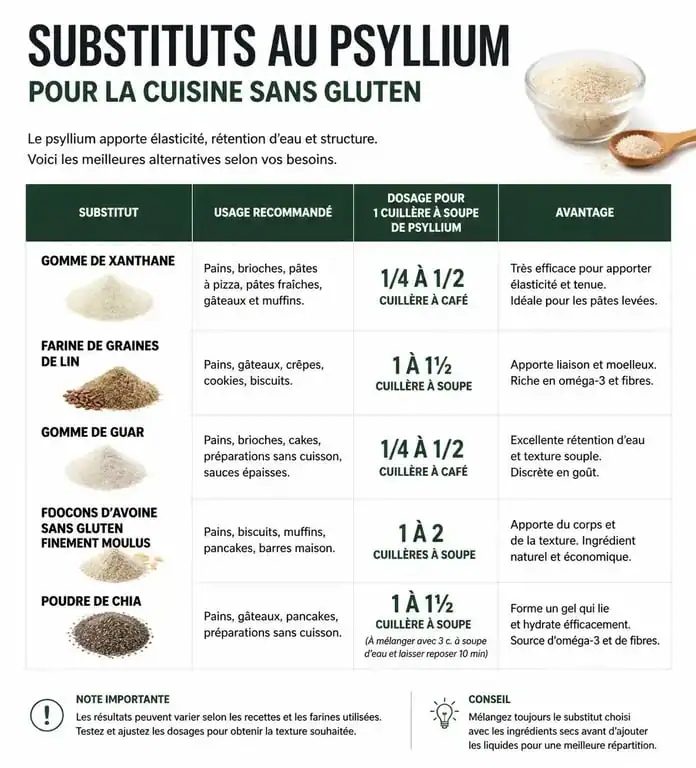 Tableau comparatif des alternatives au psyllium pour remplacer le psyllium en cuisine sans gluten