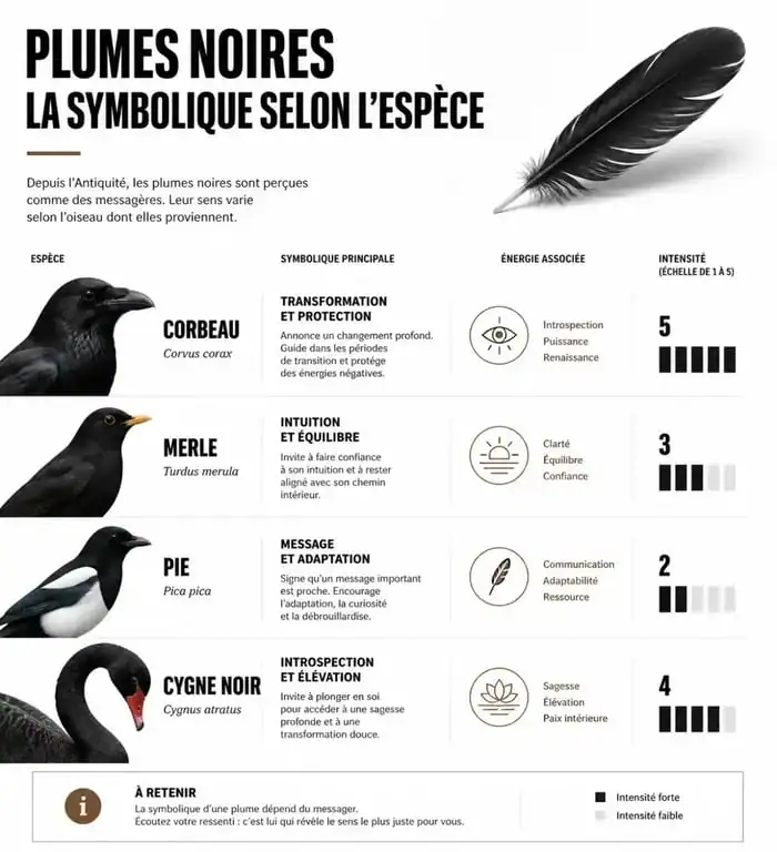 Infographie sur la signification spirituelle des plumes noires selon l'espèce d'oiseau