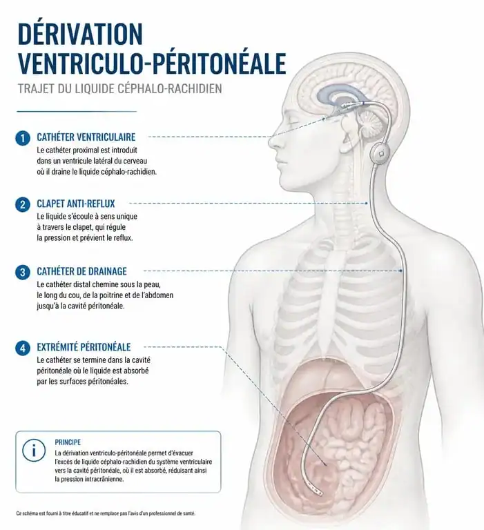 Schéma explicatif du fonctionnement d'une dérivation ventriculo-péritonéale pour le traitement de l'hydrocéphalie.