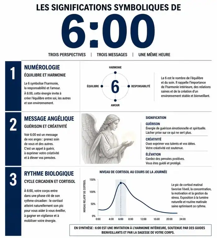 Infographie récapitulative de la signification de 6h00 : numérologie, anges et rythme biologique