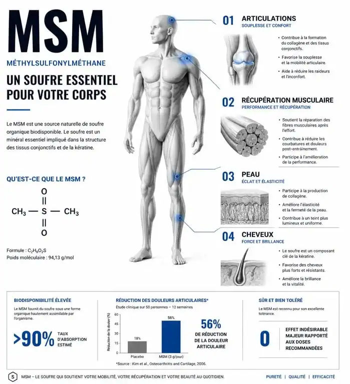 Infographie sur les bienfaits du méthyl sulfonyl méthane MSM pour la santé articulaire et cutanée