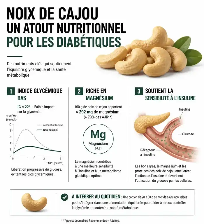 Infographie sur les bienfaits des noix de cajou et diabète : indice glycémique, magnésium et régulation de la glycémie.