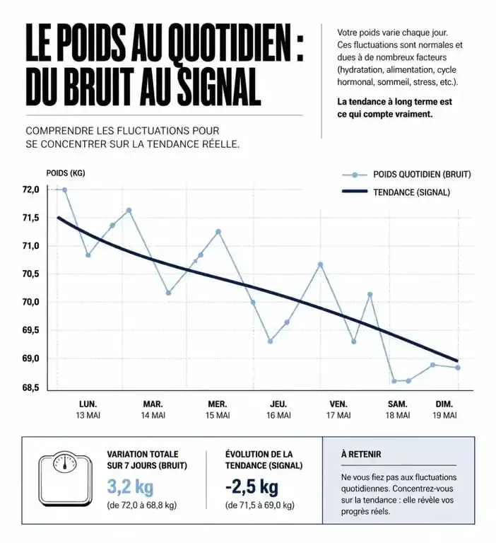 Graphique illustrant les fluctuations quotidiennes du poids et la tendance lissée pour mieux se peser tous les jours