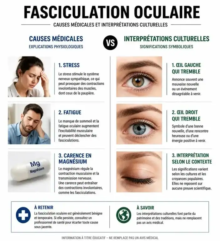 Infographie comparant les causes médicales et les interprétations culturelles de l'œil qui tremble