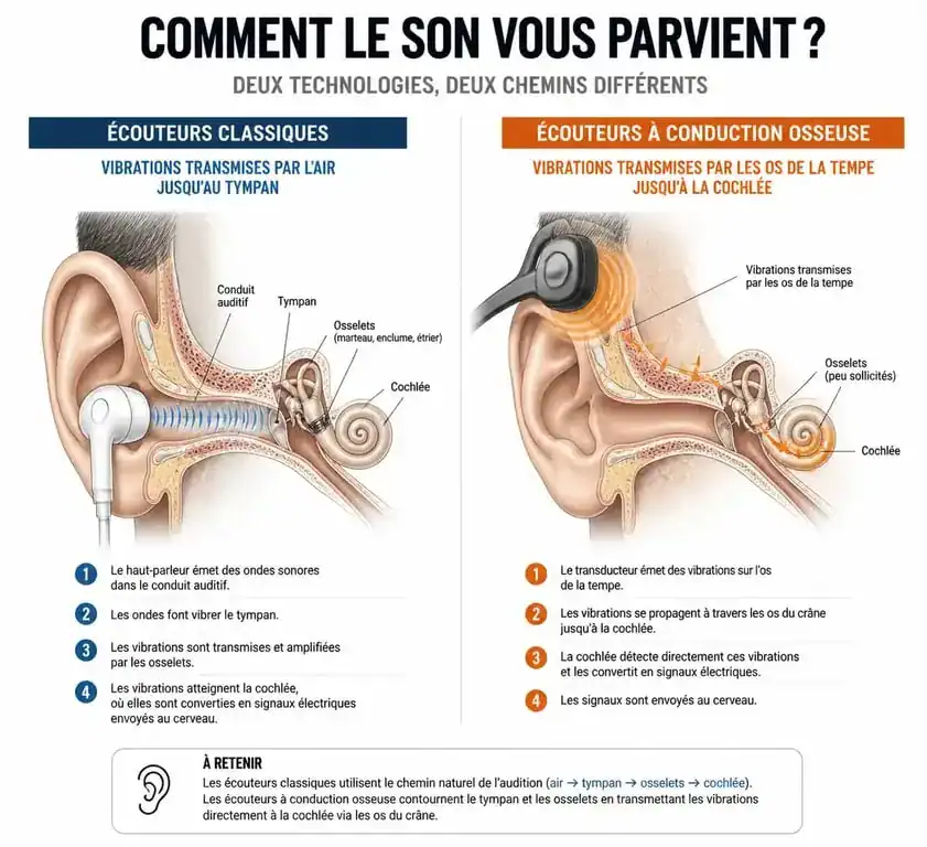 Schéma comparatif du fonctionnement des écouteurs à conduction osseuse et des écouteurs classiques pour comprendre les risques pour l'audition