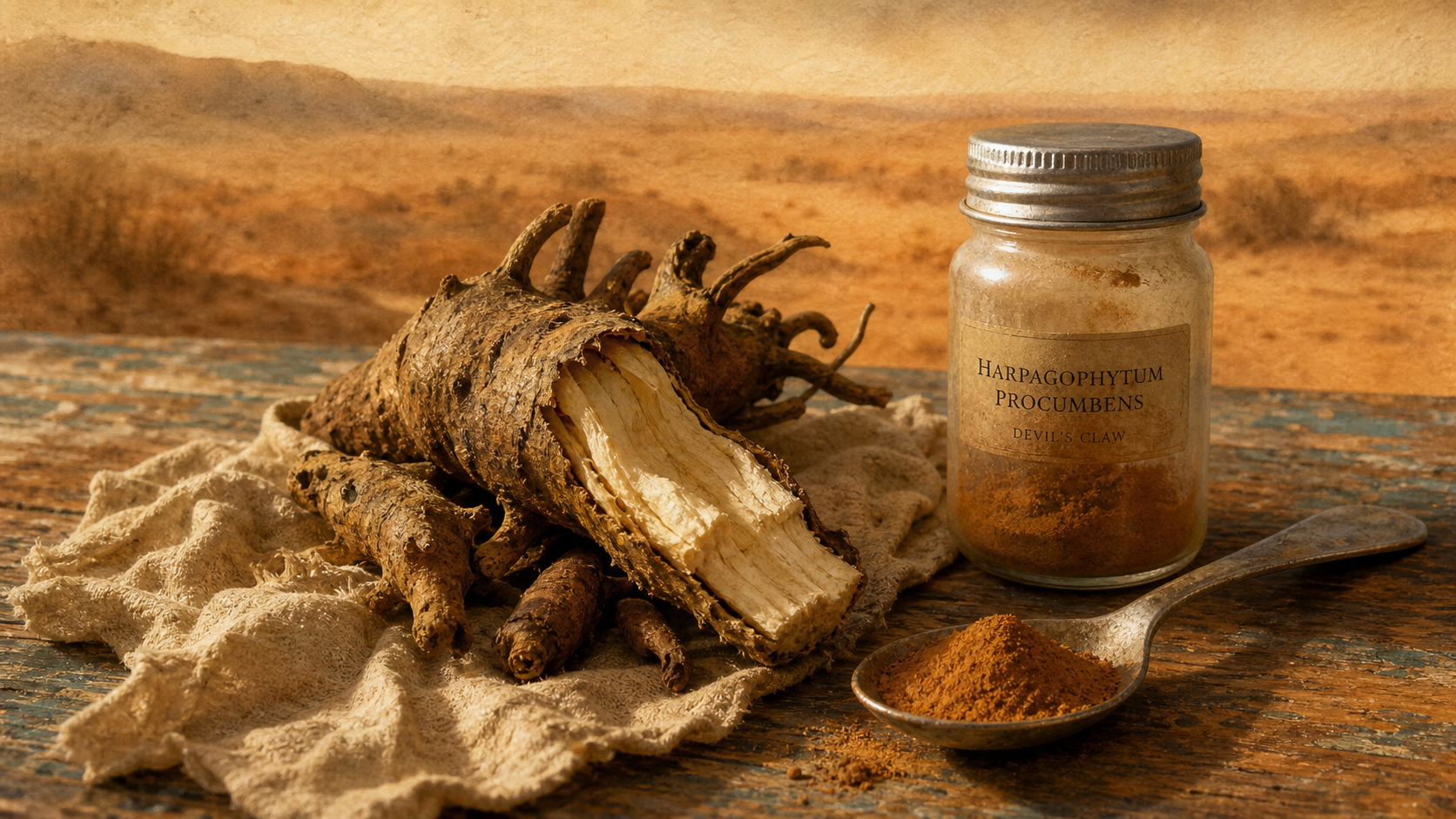 Griffes du diable (harpagosides) sur table, remède contre l’arthrose