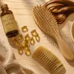 huile foie de morue bienfaits cheveux sur table avec accessoires
