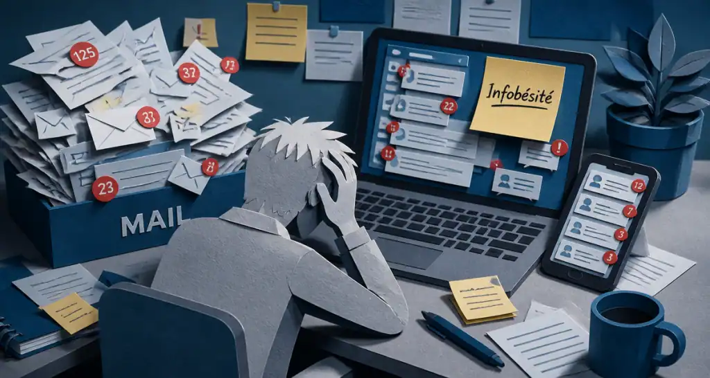 infobésité def, bureau saturé d'emails et notifications