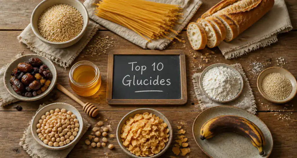 Les 10 aliments les plus riches en glucides sur une table