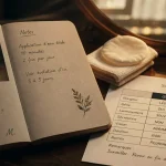 Œil qui tremble islam : carnet, flacon et tableau yeux droit/gauche, bokeh doux