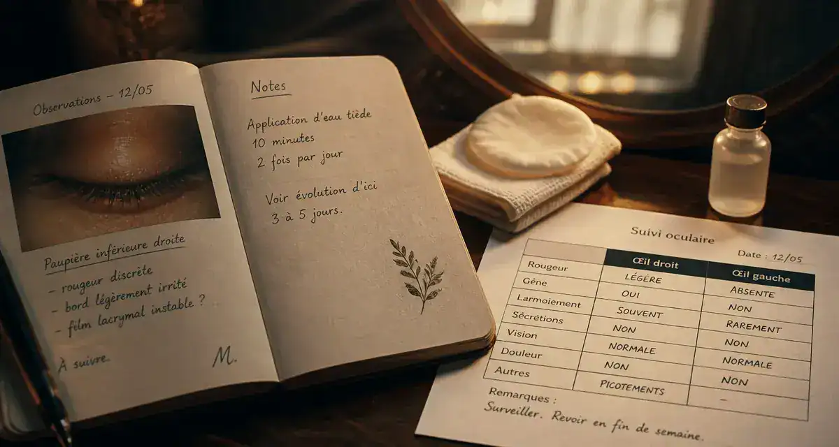 Œil qui tremble islam : carnet, flacon et tableau yeux droit/gauche, bokeh doux