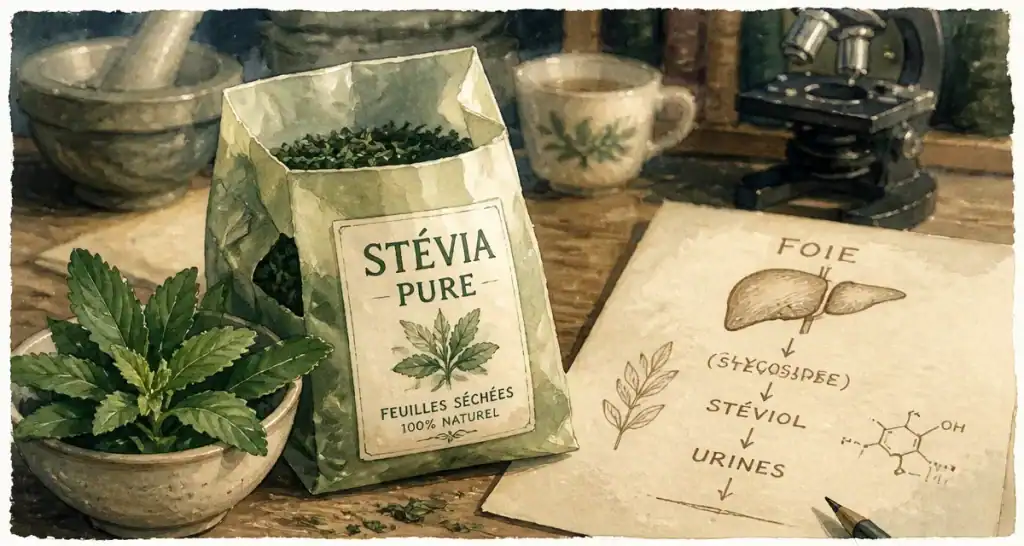 Stevia danger pour le foie : feuilles de stévia et schéma foie
