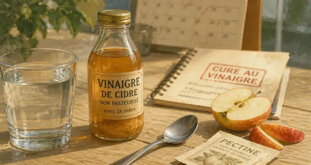 vinaigre de cidre perdre 10 kilos avis : bouteille et cure sur table