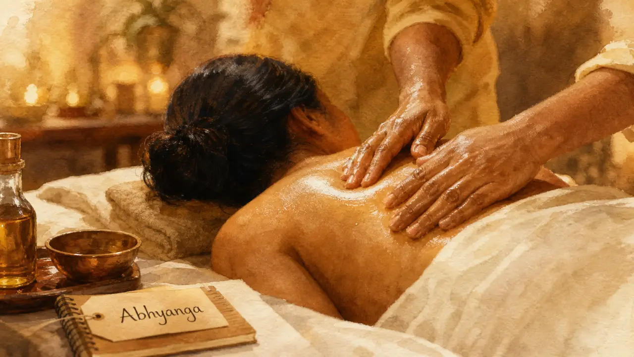 Abhyanga : massage à l’huile tiède, mains sur les épaules