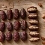 Dattes medjool bienfaits : dattes moelleuses, amandes et miel sur table en bois