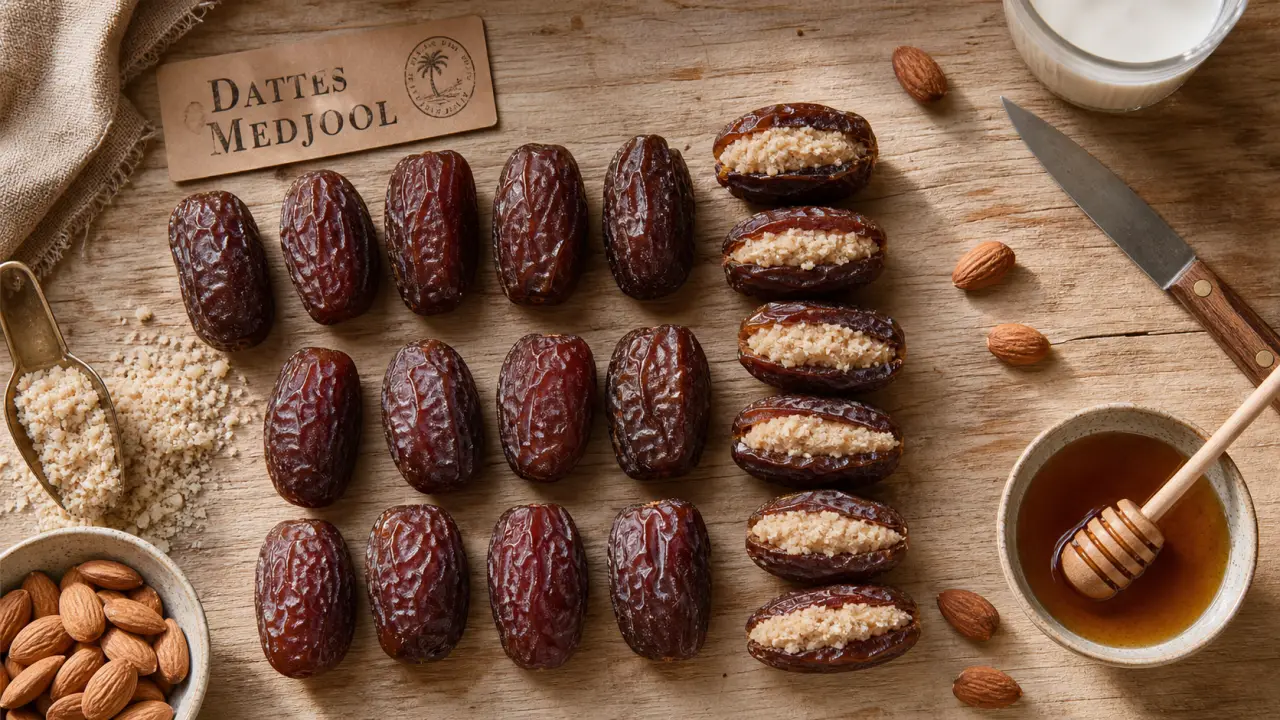 Dattes medjool bienfaits : dattes moelleuses, amandes et miel sur table en bois