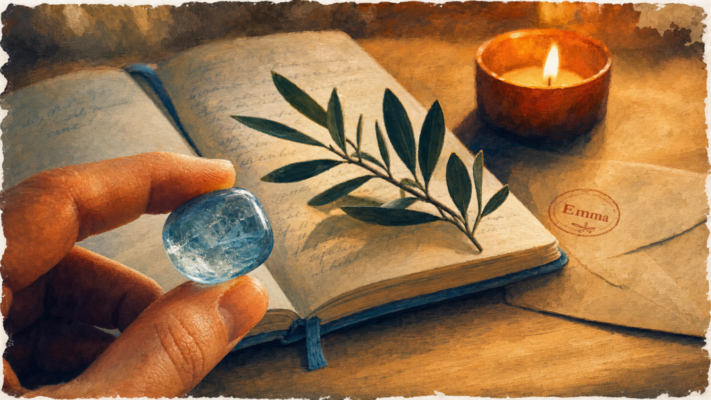 Emma signification spirituelle : topaze polie, bougie et présence divine