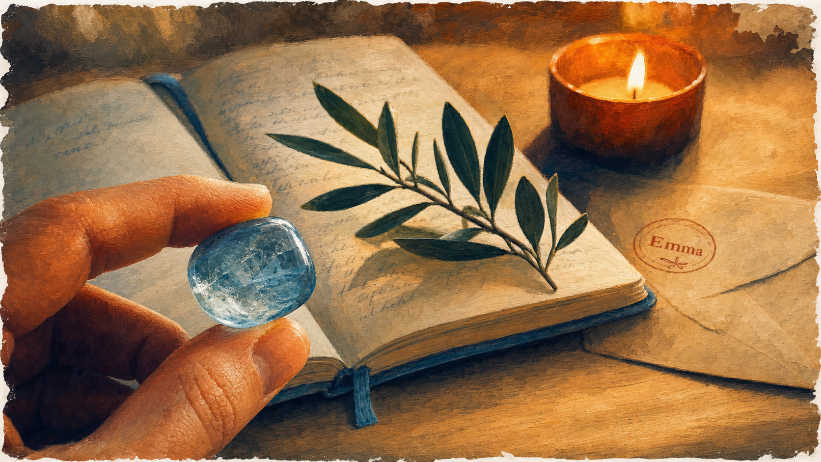 Emma signification spirituelle : topaze polie, bougie et présence divine