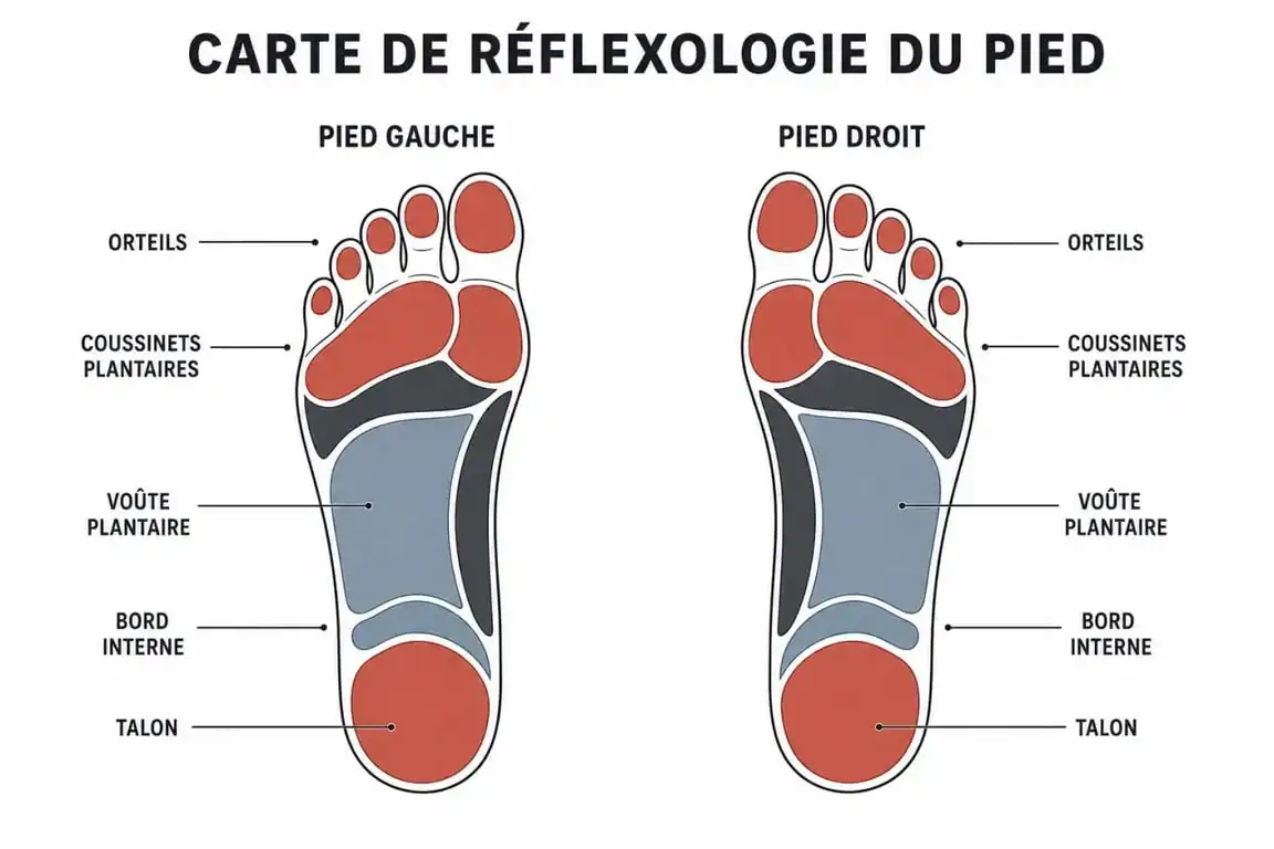 Carte de réflexologie du pied avec zones réflexes du pied gauche et du pied droit