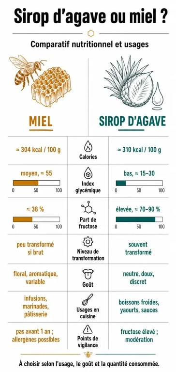 Infographie comparative sirop d agave ou miel avec calories, index glycémique et usages