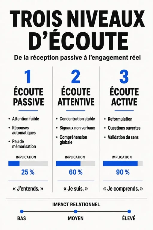 Infographie comparative des types d'écoute : écoute passive, écoute attentive et écoute active pour améliorer sa communication.