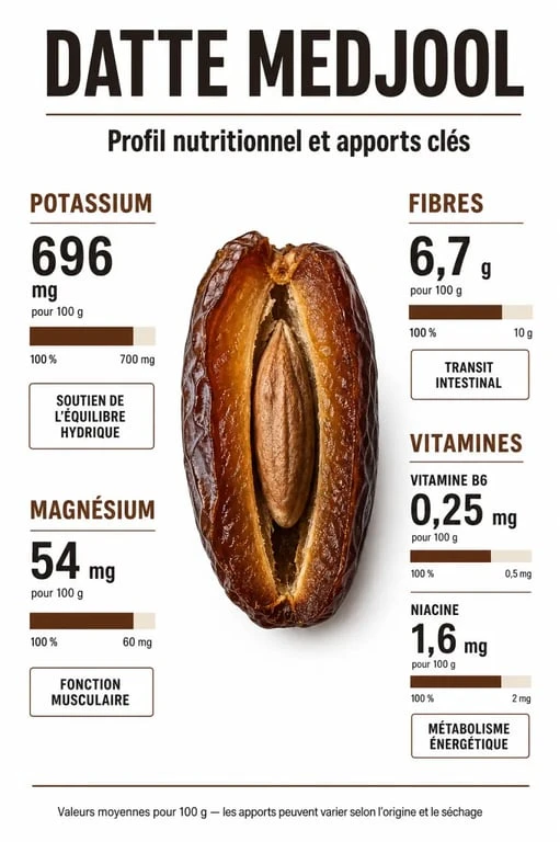 Infographie des bienfaits nutritionnels et vitamines de la datte Medjool pour la santé