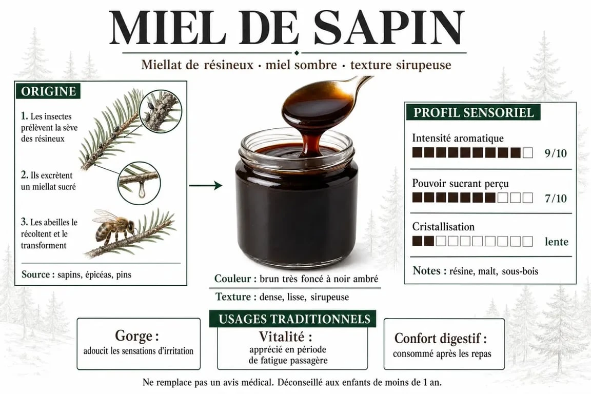 Miel de sapin bienfaits : visualisation éditoriale sur l’origine, la couleur foncée, la cristallisation lente et les usages traditionnels