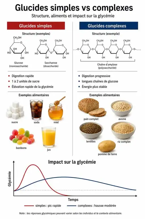Infographie explicative sur les glucides simples et complexes et leur impact sur la glycémie