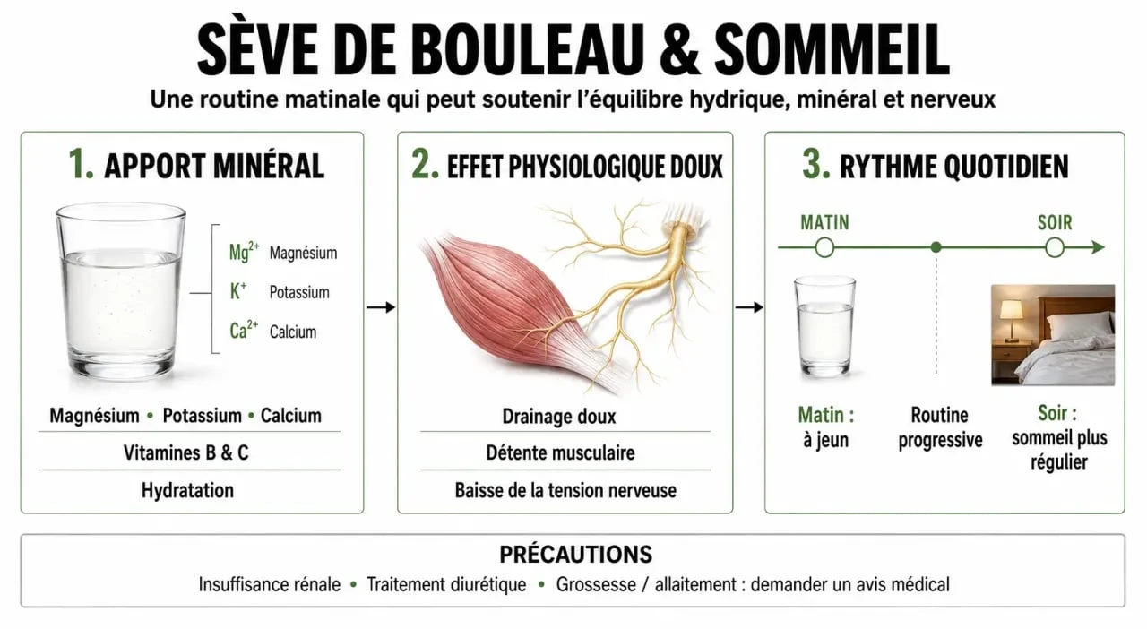 Infographie sur la sève de bouleau et sommeil, montrant comment ses minéraux et sa routine de cure peuvent favoriser la détente et un sommeil plus régulier