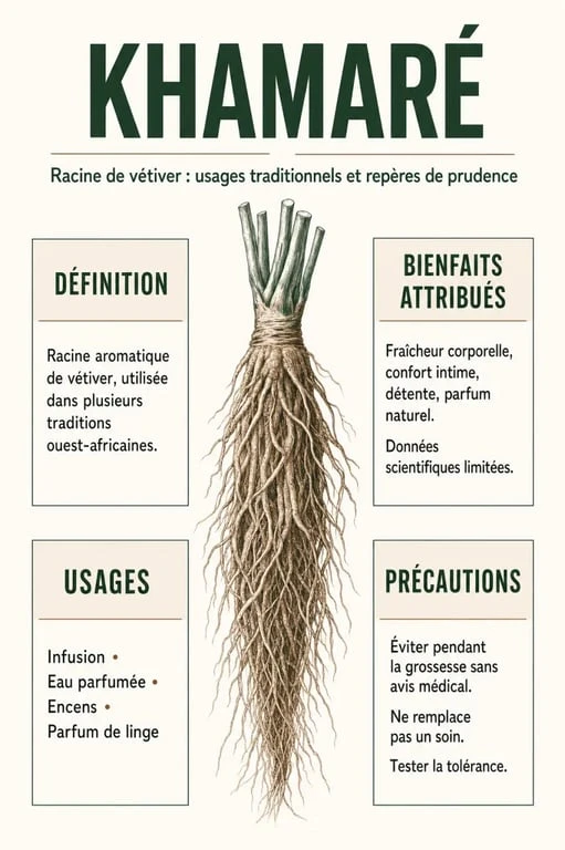 Infographie sur les bienfaits du khamaré : usages, infusion, précautions et bien-être féminin