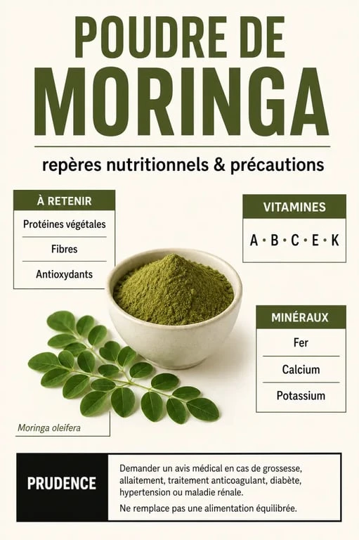 Poudre de moringa bienfait : visuel éditorial sur la composition nutritionnelle, les usages et les précautions