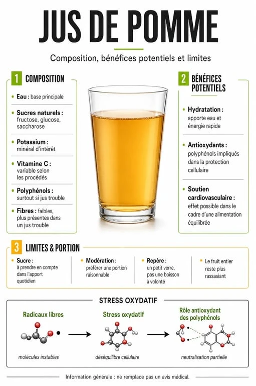 Infographie sur les jus de pommes bienfaits, composition, antioxydants et modération