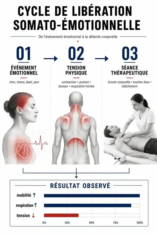 Infographie explicative du processus somato-émotionnel : de l'événement traumatique à la libération des tensions corporelles