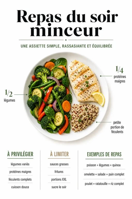 Repas du soir minceur : assiette équilibrée avec protéines, légumes et féculents