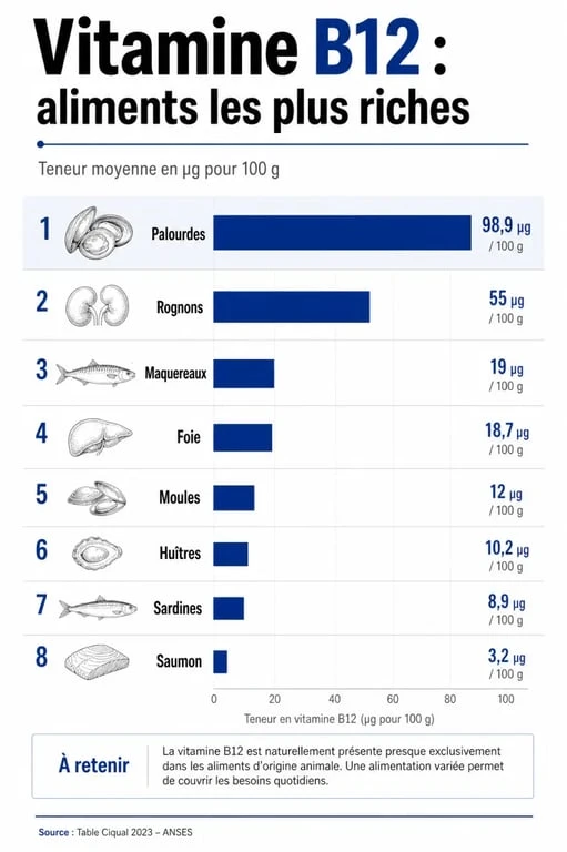 Quel est l aliment le plus riche en vitamine b12 : infographie avec les palourdes en tête du classement