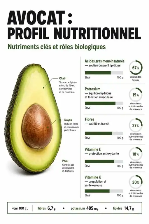 Infographie des bienfaits nutritionnels de l'avocat pour la santé