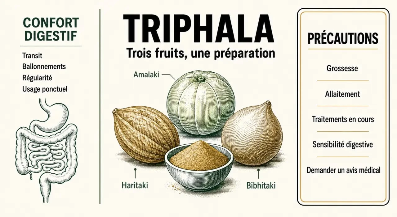 Infographie sur les triphala bienfaits : composition, usages digestifs et précautions