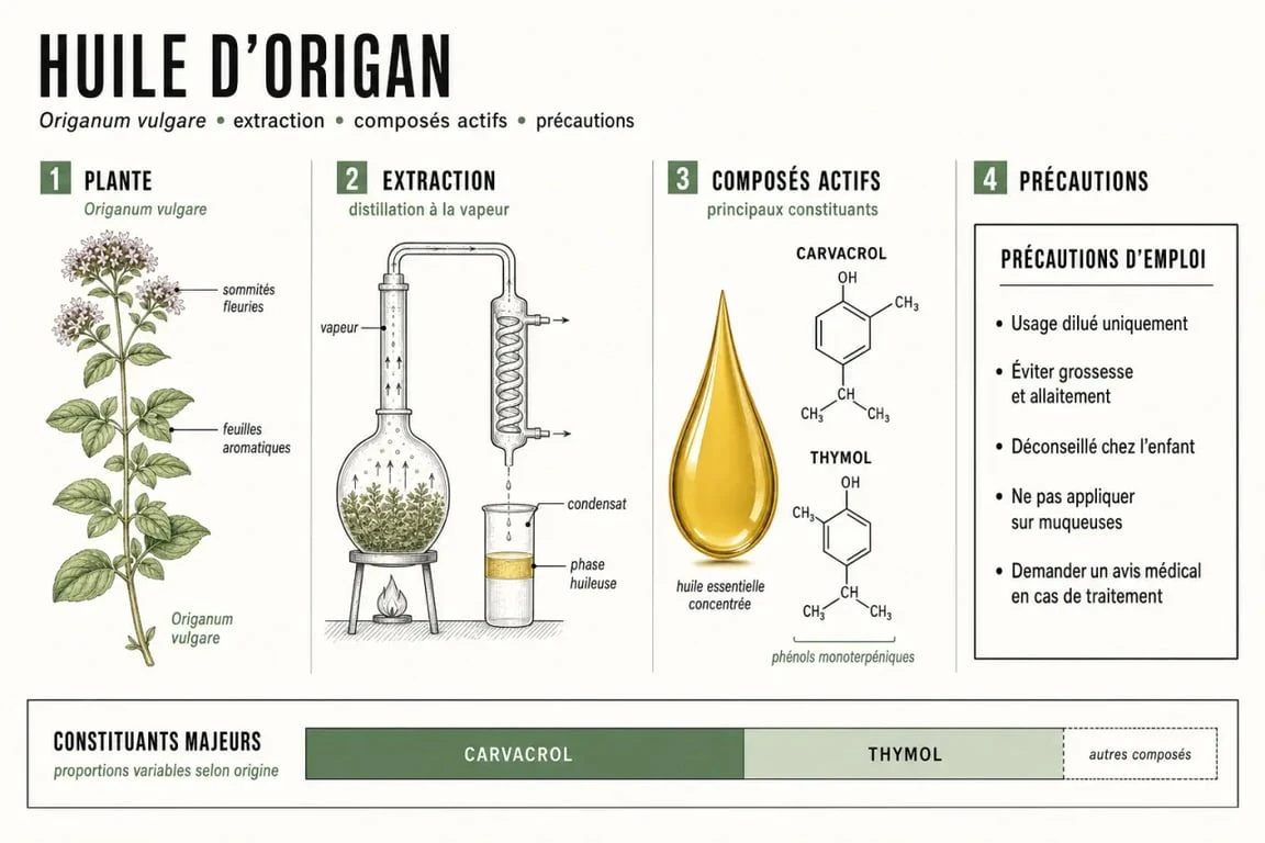 Infographie sur l huile d origan : composition, usages et précautions