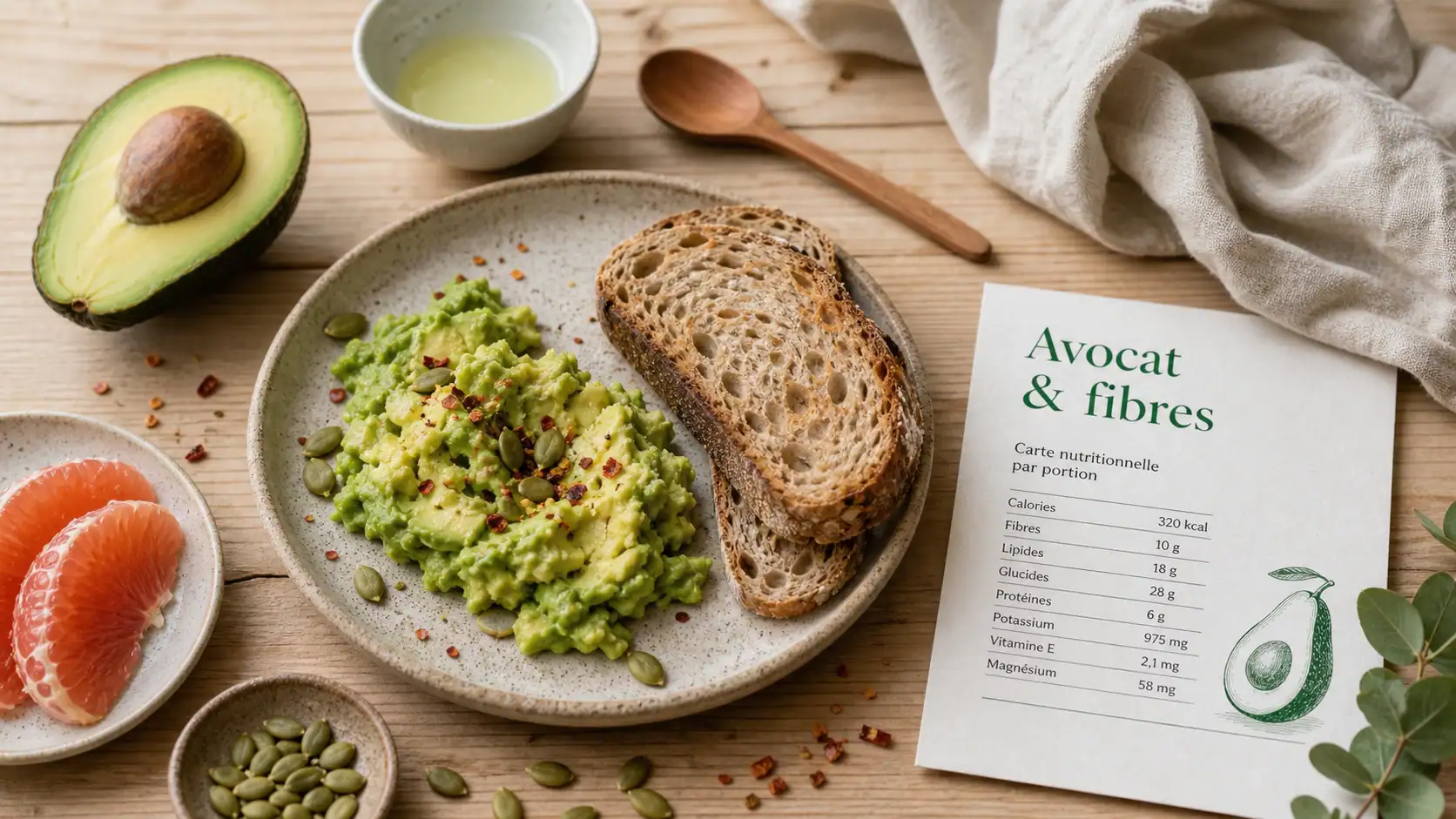 Les bienfaits de l avocat : avocat et fibres, photo sur table en bois