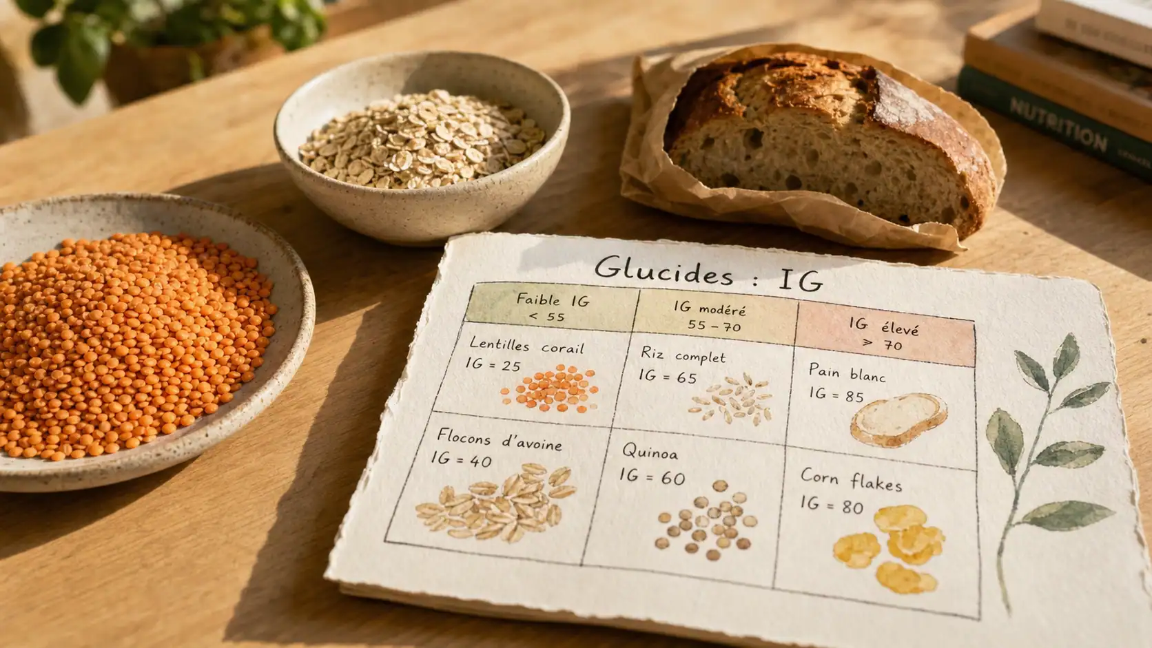 Les glucides c est quoi : lentilles, avoine et IG sur une table en bois